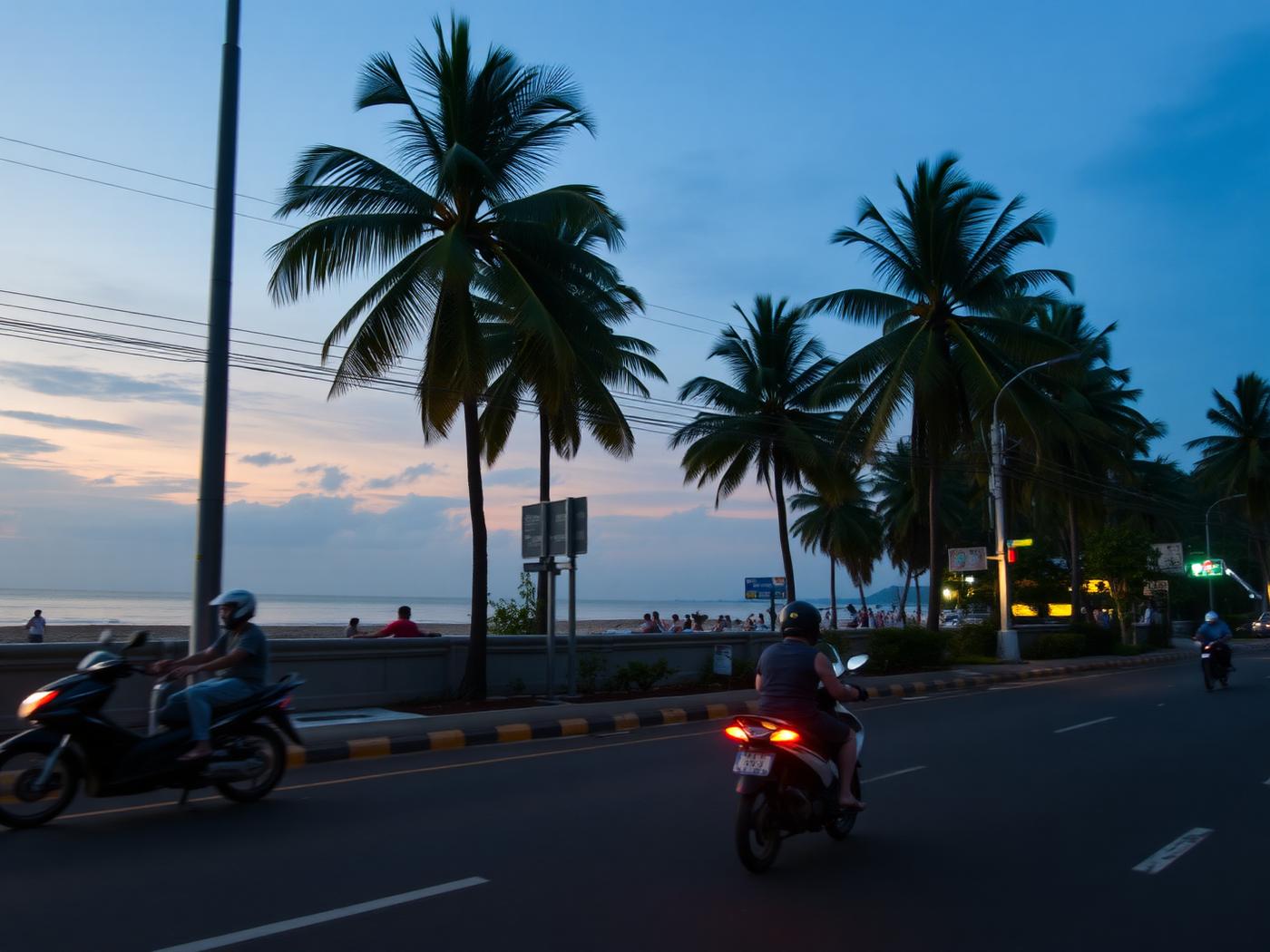 Chaweng Beach Road at dusk with scooters and palm trees