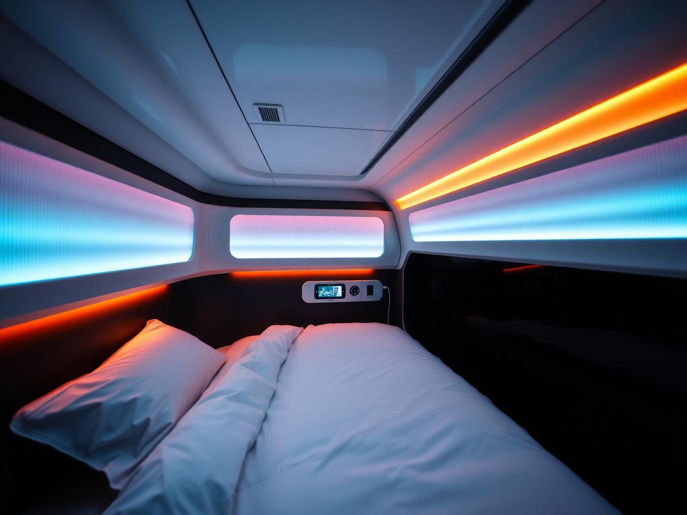 Inside a Pods House sleeping pod with fresh bedding and ambient lighting